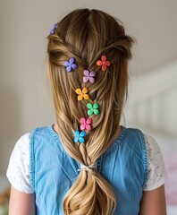 A young girl with long, beautifully braided hair adorned with colorful flower clips, showcasing a joyful and playful style in soft, natural lighting. braided updo, stylish braids