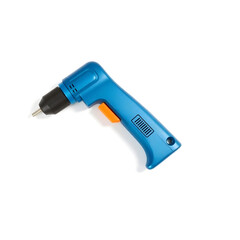 A blue drill driver with a metallic finish and visible screws, placed on a clean and pristine white background