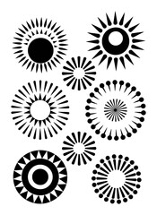 Black abstract sunburst shapes and circular patterns graphic