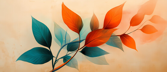 Autumnal Leaves A Colorful Branch in Orange and Teal