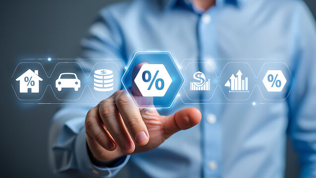 Person touching financial icons on screen finance technology