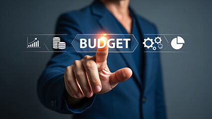 Person touching glowing budget interface with financial icons business finance