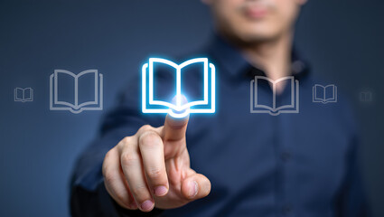 Person touching glowing book icon finger