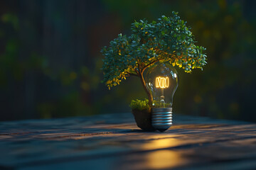 Innovative light bulb with a flourishing green plant, symbolizing sustainable energy, eco-friendly technology, and the promising future of environmental stewardship and growth
