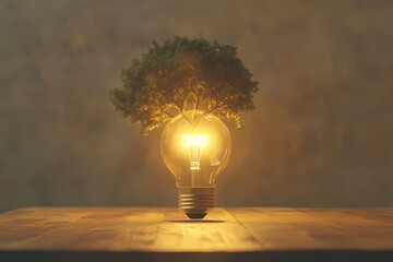 Illuminated Light Bulb with Growing Tree Symbolizing Renewable Energy and Innovation