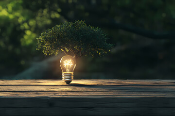 A radiant light bulb sprouts a verdant tree, symbolizing the power of green energy and sustainable innovation on a rustic wooden surface
