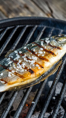 A photo of a fresh sardine fillet lightly seasoned with sea salt and olive oil, sizzling on a hot gr