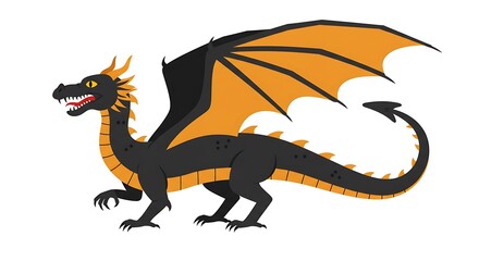 Fototapeta premium Standing Black Dragon with Orange Wings Isolated on White