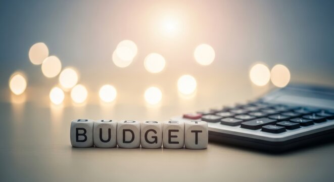 Planning Your Financial Budget - Cubes spelling BUDGET next to a calculator, bokeh background. Financial planning concept