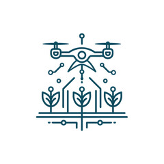 A futuristic line art illustration of a drone in precision agriculture, representing automated crop management and agritech innovation.