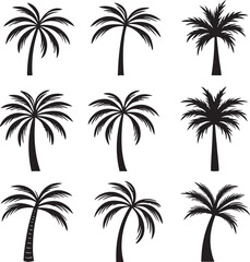 Obraz premium Set of black palm tree silhouette icons