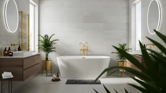 Modern, bright bath shows bathtub, tile wall and vanities for bathroom remodel use