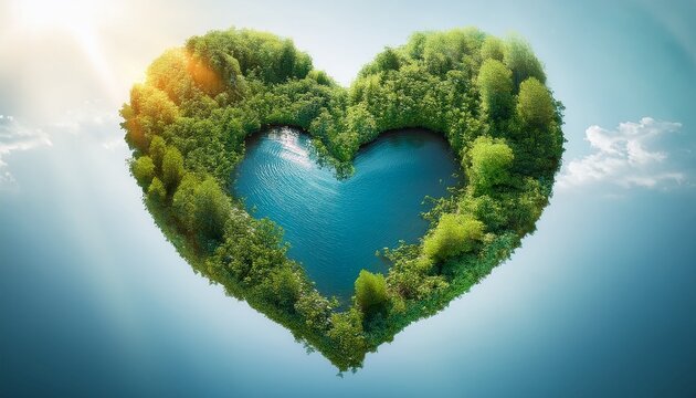 dynamic shot of a heart shaped ecosystem with natural water and green plants
