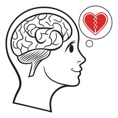 Human head profile with brain and thought bubble containing a broken heart