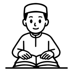 Young Muslim Boy Reading Holy Book - Black and White Vector