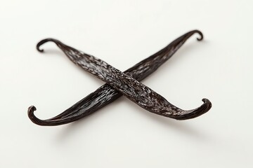 Two whole dried vanilla bean pods crossed on a white background.
