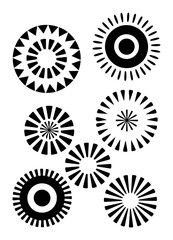 Black circular graphic elements with radiating shapes white