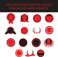 Red and Black Vector Badges, Ribbons, and Laurel Wreaths