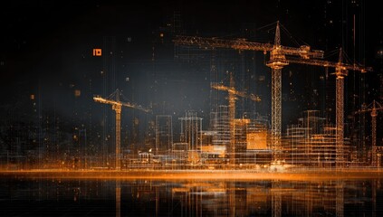 Digital cityscape under construction. Orange-toned, wireframe city with cranes. Reflections on water. Abstract, futuristic