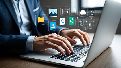 Person typing on laptop with digital icons image