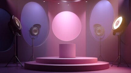 Illuminated product display stage with studio lights and pink circle background