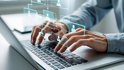 Person typing on laptop with digital network overlay hands computer