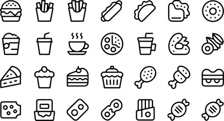 Line Art Culinary Icons Minimalistic collection of line art food and drink icons, perfect for culinary and graphic design projects, featuring various delicious food and beverage items.