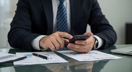 Businessman checking phone at desk A corporate executive reads messages on his phone with documents on the desk. Best for multitasking, finance, or executive work