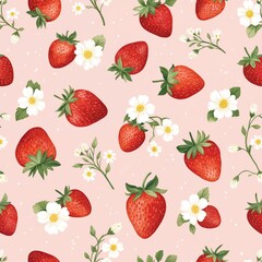 Seamless pattern featuring vibrant strawberries, delicate white flowers scattered across soft pink background with subtle speckles. Charming illustration combines fruit, floral, decorative elements