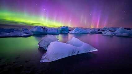 Glacial icebergs reflecting vibrant aurora borealis lights at night