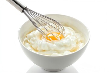 Whisking a raw egg in a white bowl for scrambling or baking.
