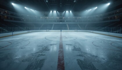 Empty hockey arena ice rink under stadium lights. Fog, mist fill modern stadium, creating dramatic atmosphere. Frozen surface shows red markings, scuffs, reflecting bright lights. Ready for