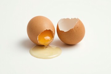 Two fresh brown eggs, one cracked open with yolk spilling out.