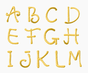 Embroidery alphabet letters from A to M in warm yellow stitched texture. Created in handmade threadwork style, suitable for autumn lettering or children’s projects.