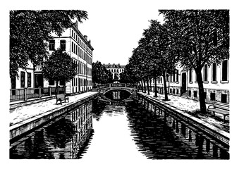 Fototapeta premium Canal in a Central Park with Retro Buildings Bridge Water and Trees Black and White Outline Line Art Drawing
