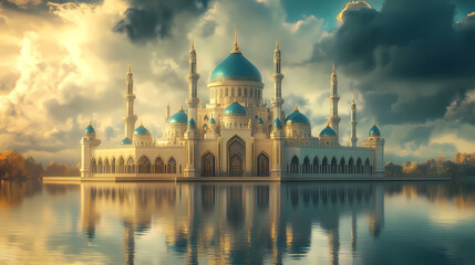 Obraz premium Ethereal view of a grand mosque with blue domes reflected on a serene lake under a golden cloudy sky