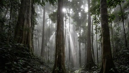 Sunlight piercing misty forest - Powered by Adobe