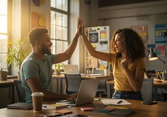 Young professionals celebrating teamwork in modern studio best for startup culture or teamwork promotion