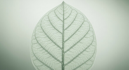 Symmetrical pale green leaf with intricate vein patterns on a soft gradient background.