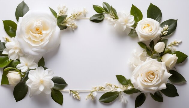 elegant white gardenia and rose floral frame on white background
