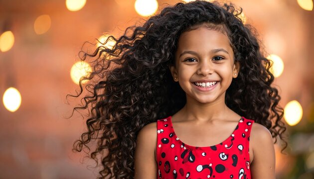Portrait of a smiling girl with curly hair - Powered by Adobe