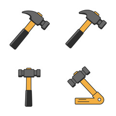 Collection of hammers with different heads and handles, presented in colorful circles with shadows, perfect for construction and repair themed designs