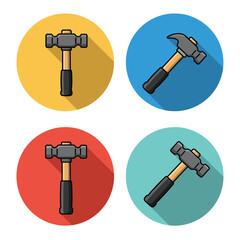 Collection of hammers with different heads and handles, presented in colorful circles with shadows, perfect for construction and repair themed designs