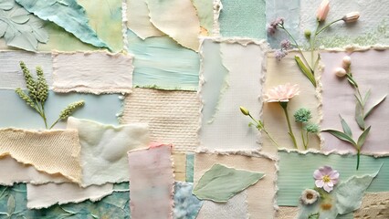 Delicate floral collage with torn pastel paper and botanical elements