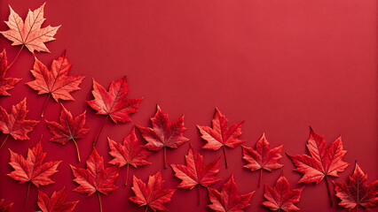 Autumnal red maple leaves arranged artistically on a deep red background with copy space