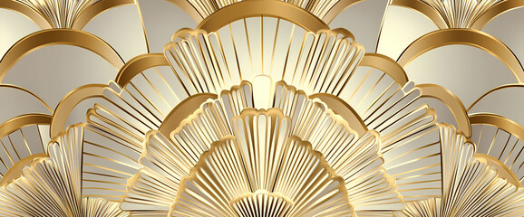 Elegant Art Deco fan-shaped pattern with gold and white geometric details, evoking luxury and vintage glamour