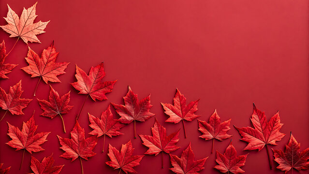 Autumnal red maple leaves arranged artistically on a deep red background with copy space