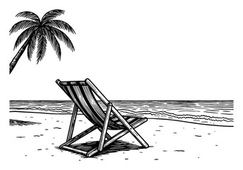 Beach Scene with Palm Tree and Beach Chair Deck Chair by the Ocean Shore Black and White Outline Line Art Drawing