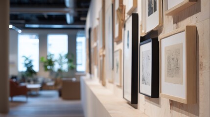 Natural bamboo frame on off-white gallery wall. Sustainable eco-friendly art exhibition space