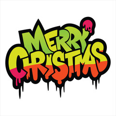 Graffiti Merry Christmas Typography T-Shirt Design with Spray Paint Texture on White Background.